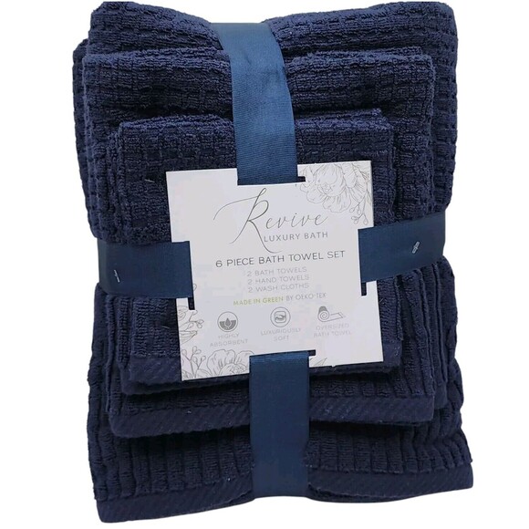 Revive Luxury Bath 6pc Blue Cotton Towel Set Zero Twist 2Bath 2Hand 2Washcloths - Picture 1 of 7